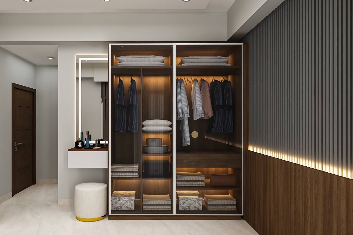 Wooden Modern Wardrobe Design With Undershelf Lighting Livspace