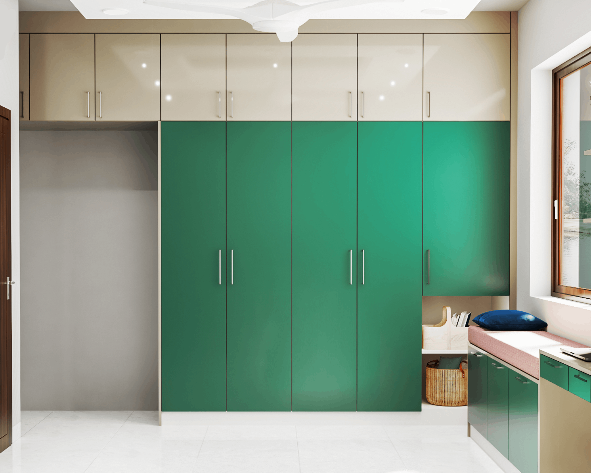 Modern Style Maximum Storage Wardrobe Design In Green And White