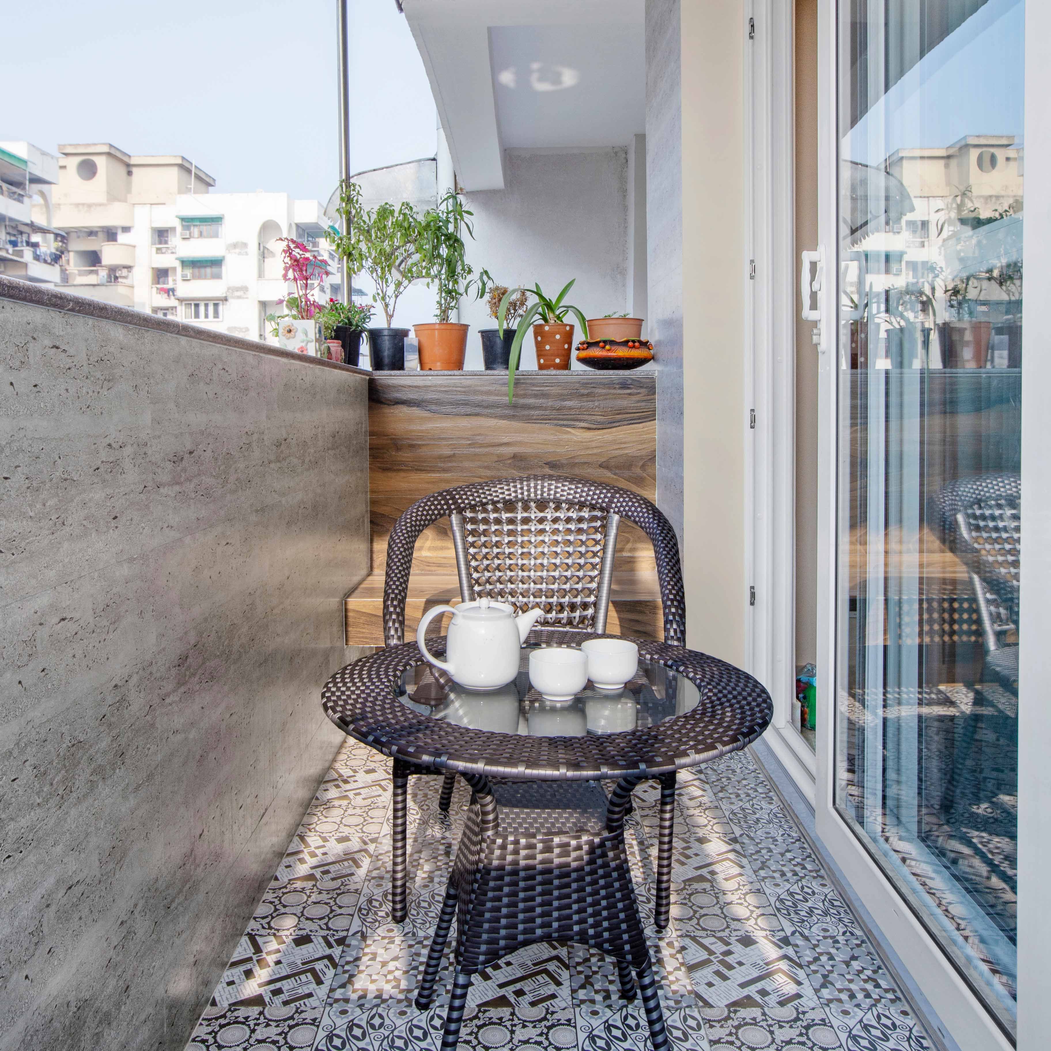 Eclectic Balcony Design with Wooden Wall Panel and Abstract Geometric Flooring
