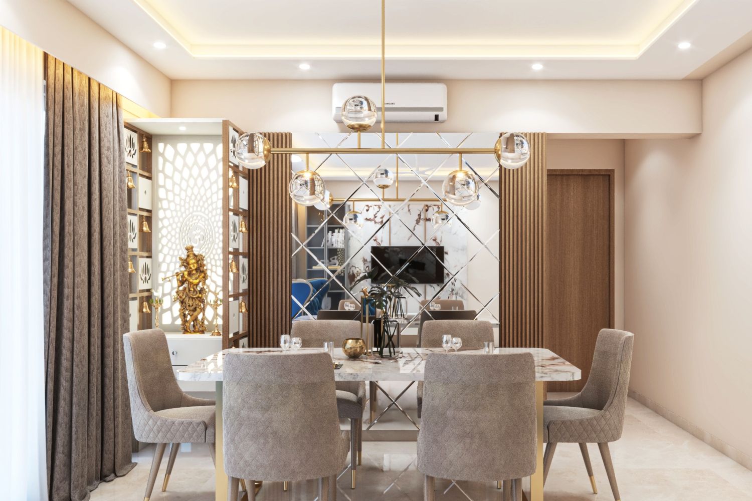 Classic 6-Seater Dining Room Design With Mirror Panel Wall And Integrated Pooja Unit