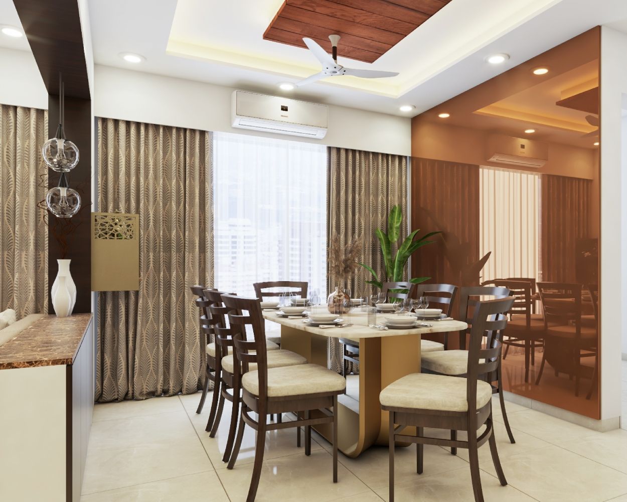 Contemporary 8-Seater Dining Room Design With Marble Countertop And Beige Upholstered Chairs