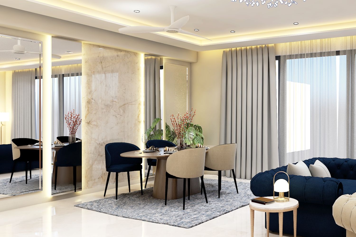 Contemporary 4-Seater Blue And Beige Dining Room Design With Marble Wall Panel