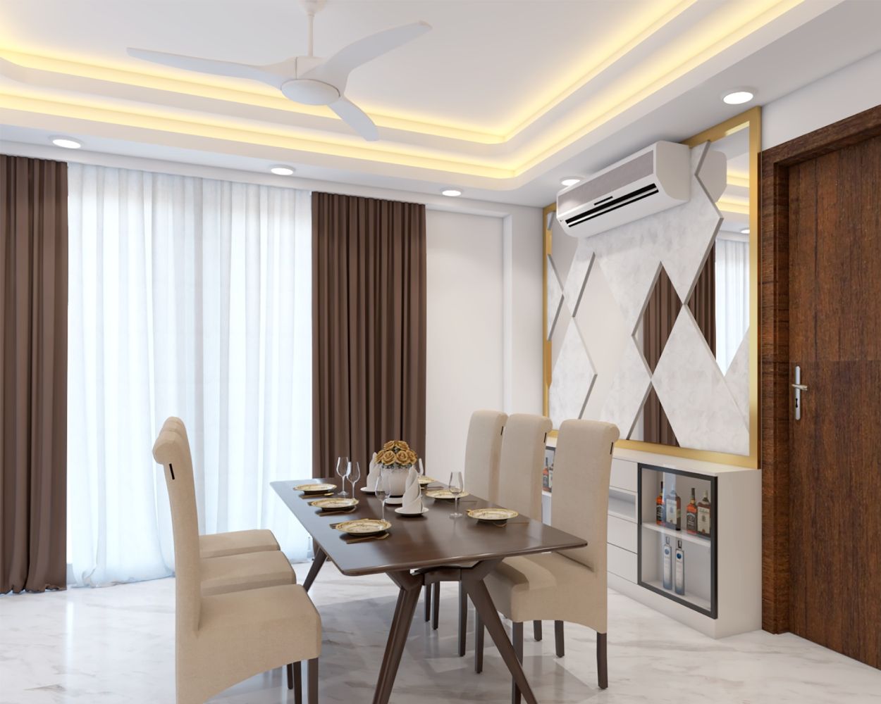 Classic Wood And Beige 6-Seater Dining Room Design With Mirrored Wall Panel