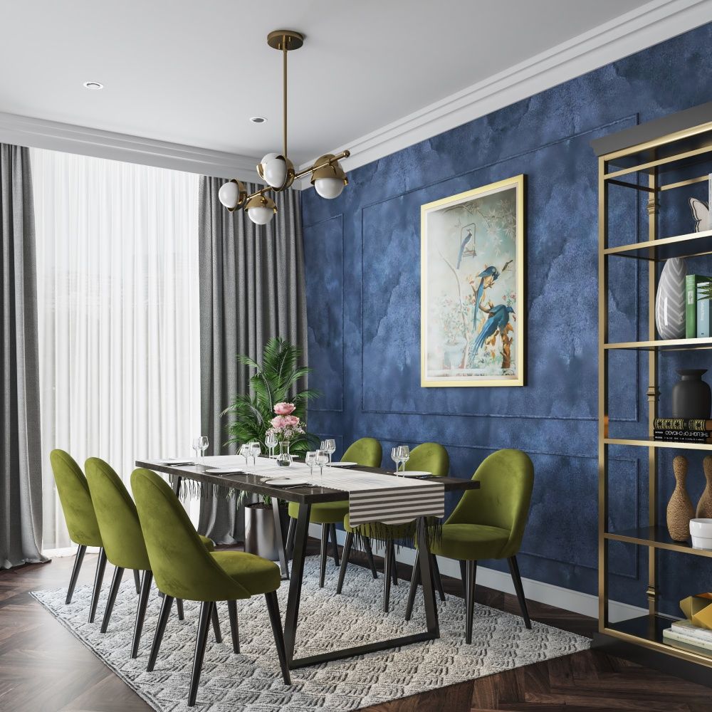Modern 6-Seater Dining Room Design With Green Upholstered Chairs