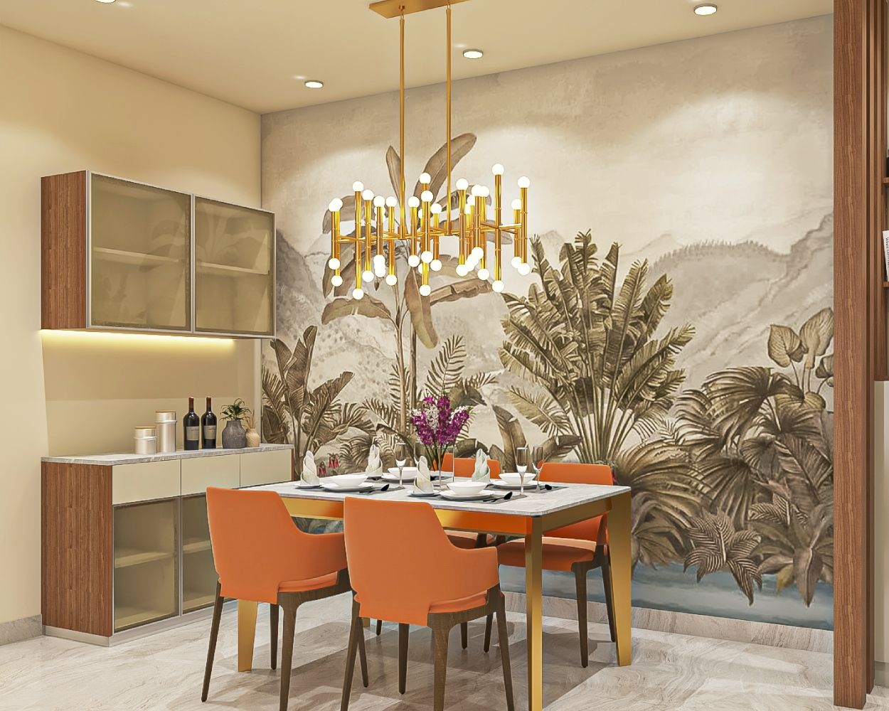 Contemporary 4-Seater Marble Dining Room Design With Orange Chairs And Tropical Wallpaper