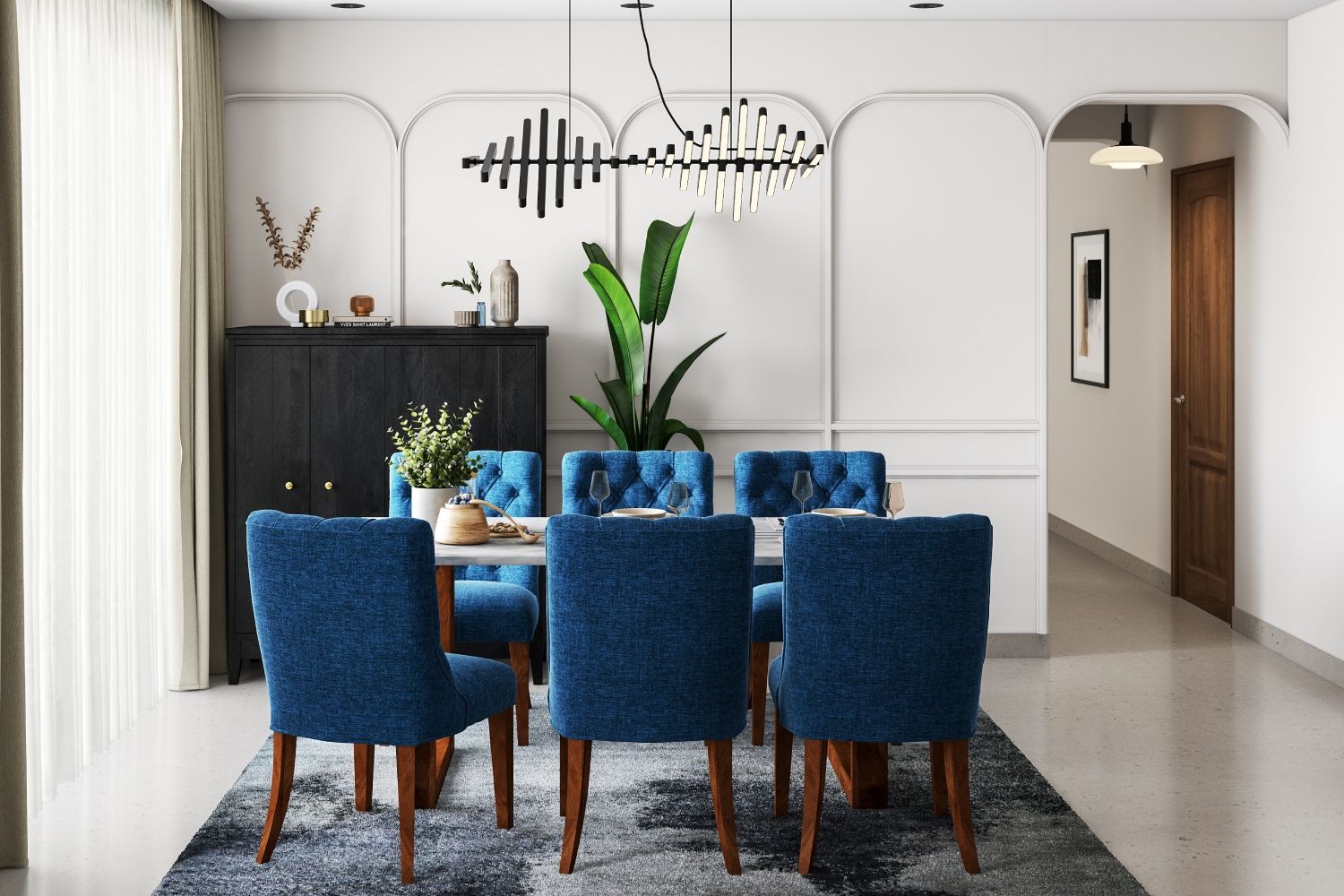 Modern 6-Seater Dining Room Design With Blue Upholstered Chairs