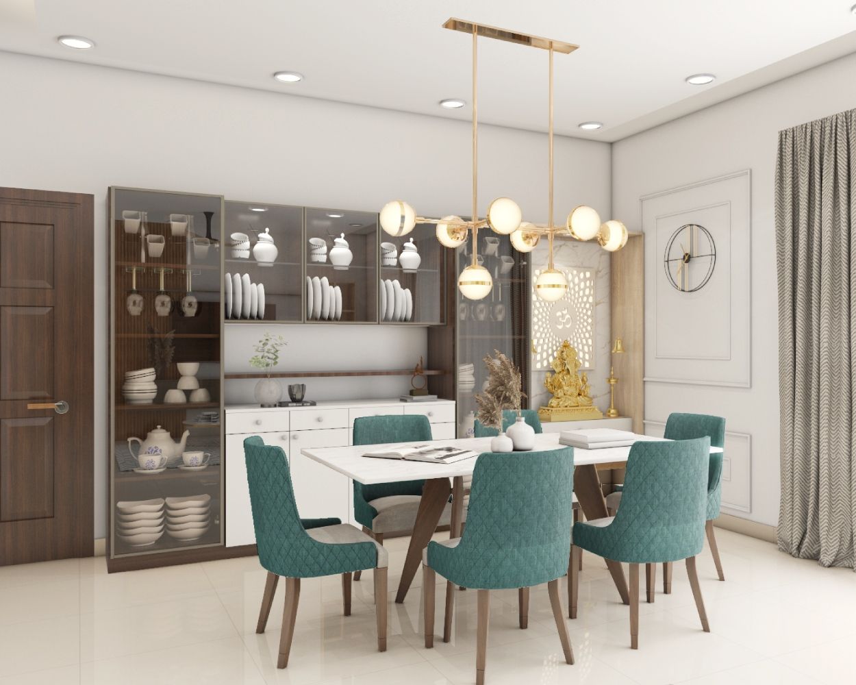 Modern Dining Room Design With 6-Seater White Quartz Dining Table And Glass Crockery Unit