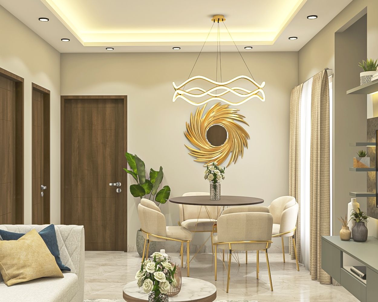 Contemporary 4-Seater Circular Wooden Dining Room Design With Beige Chairs And Ornamental Chandelier