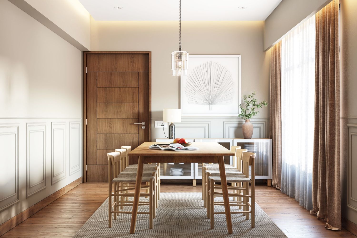 Minimalistic 6-Seater Wooden Dining Room Design With Beige Chairs And Ornamental Drop Light
