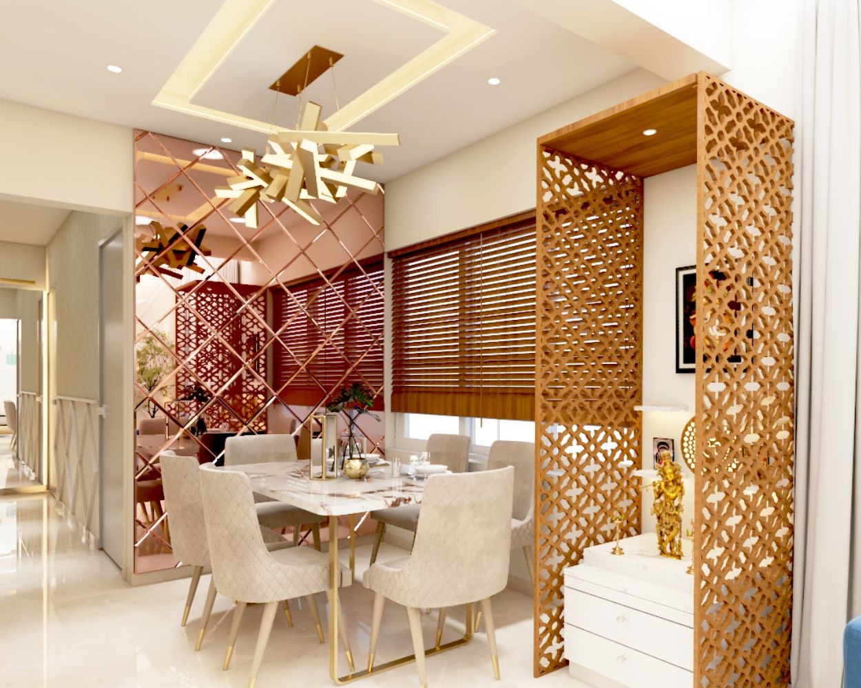 Contemporary 6-Seater White And Beige Dining Room Design With Mirrored Panel Wall And Pooja Unit