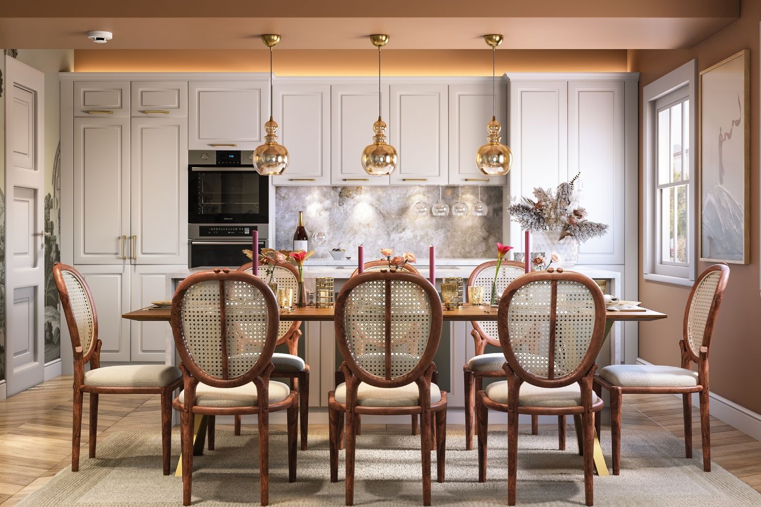 Traditional 8-Seater Wood And Jute Weave Dining Room Designs With Ornate Chandelier