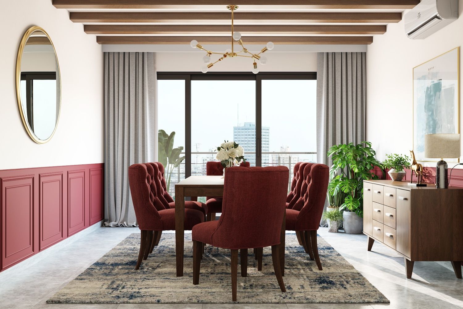 Modern Classic Wooden Dining Room Design For Six With Brick Red Upholstered Chairs
