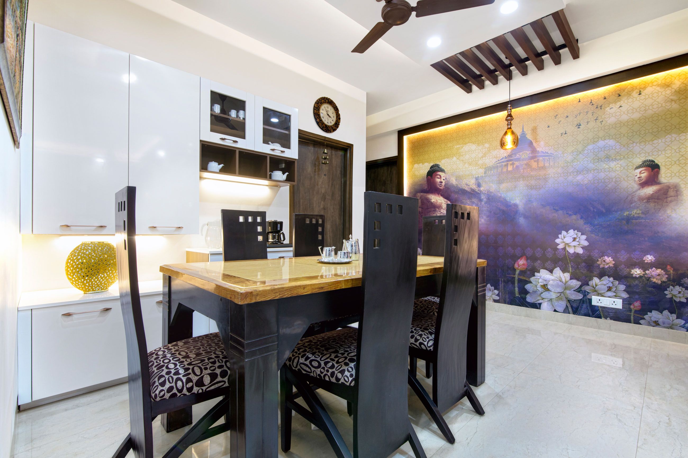 Modern 6-Seater Black And Wood Dining Room Design With White Storage Unit