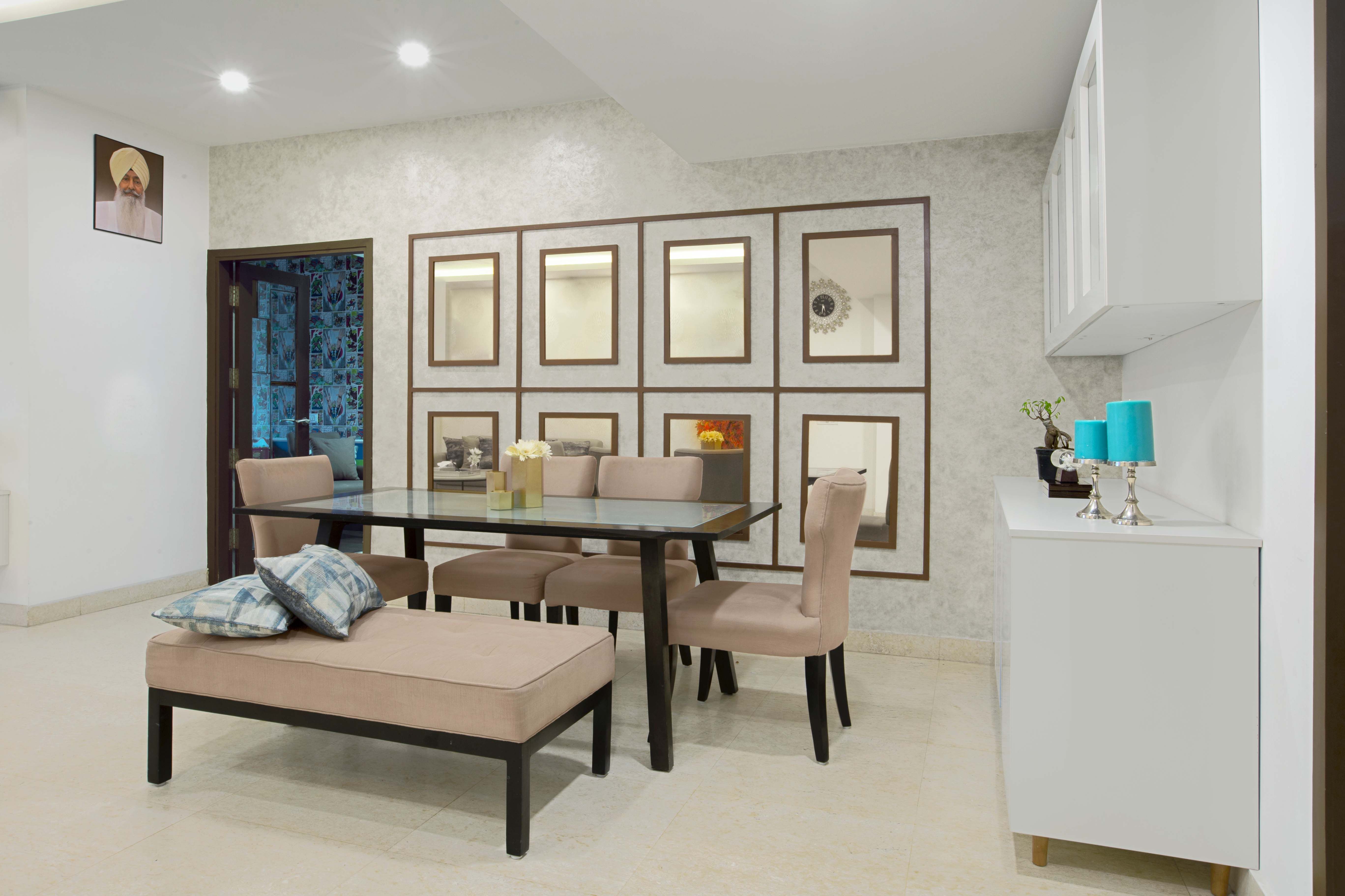 Contemporary Wooden 6-Seater Dining Room Design With Light Pink Upholstered Chairs And A Seater