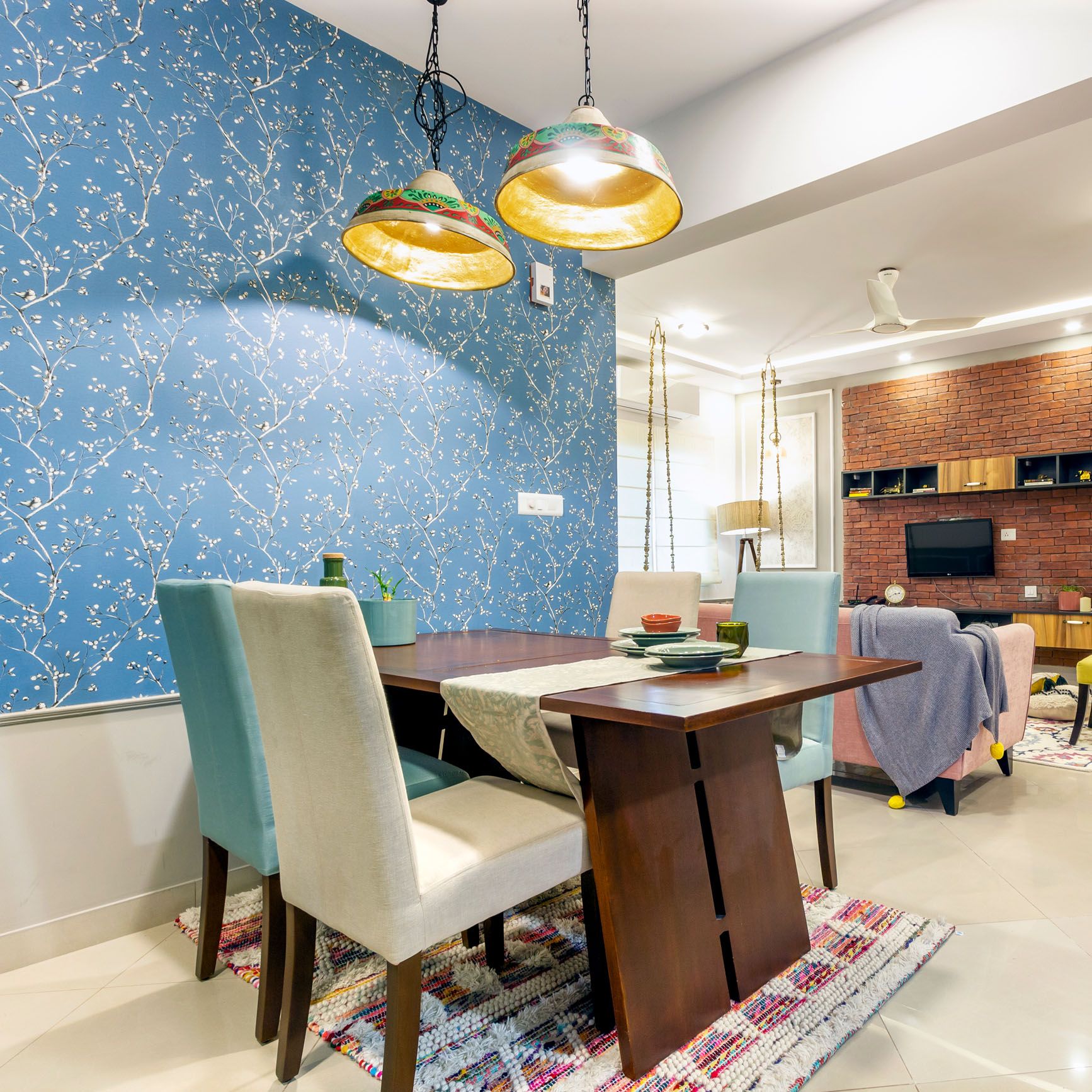 Contemporary Wooden 4-Seater Dining Room Design With Blue Floral Wallpaper