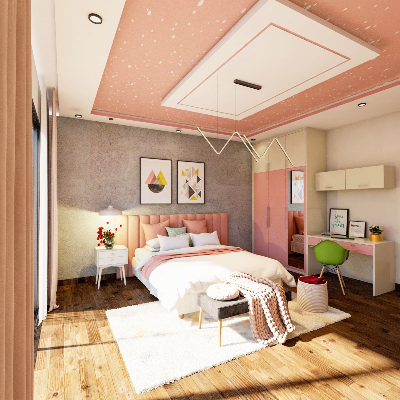 Multilayered Contemporary Peach And White Bedroom False Ceiling Design