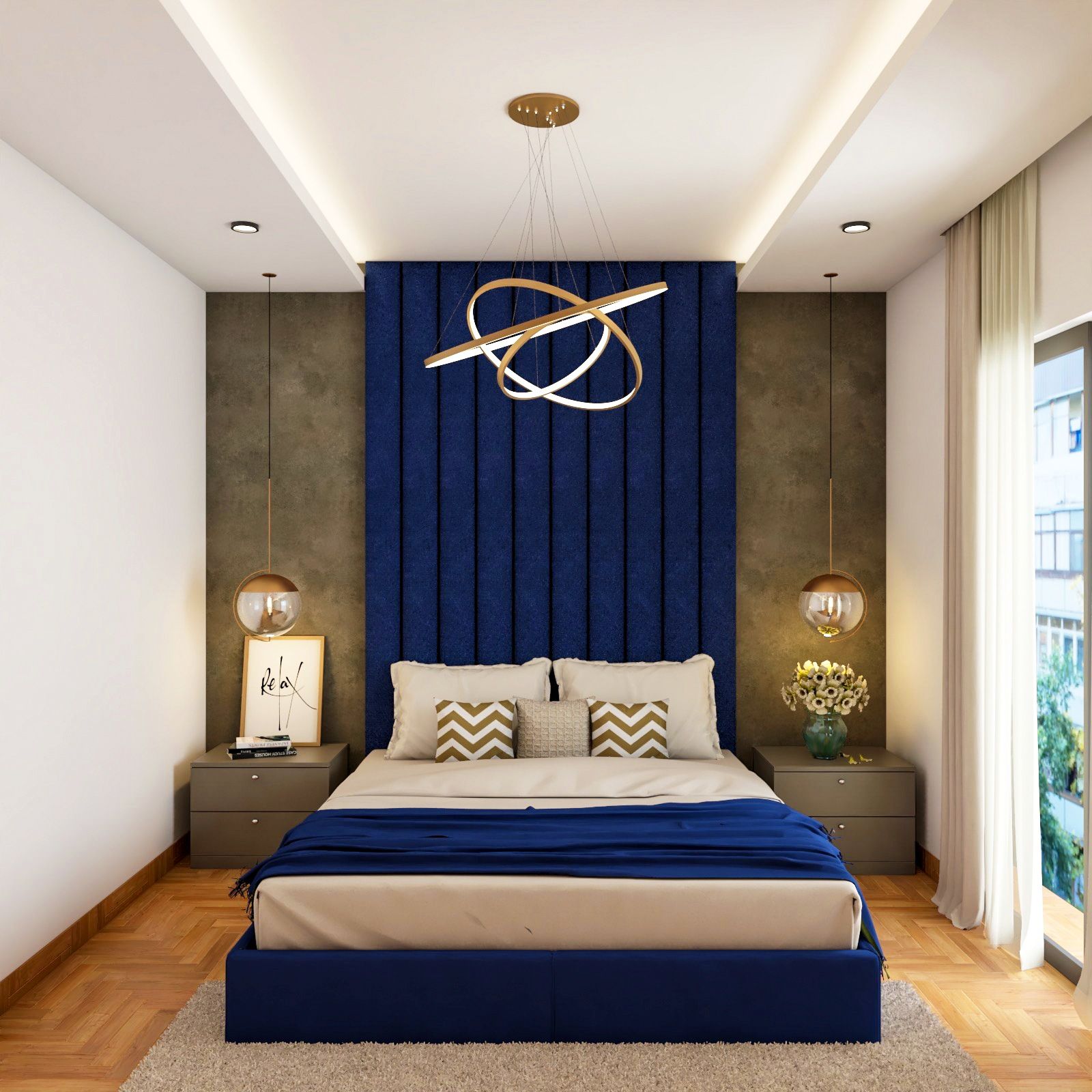 Rectangular Bedroom Ceiling Design With Recessed Cove Lights And Blue Tufted Wall Paneling