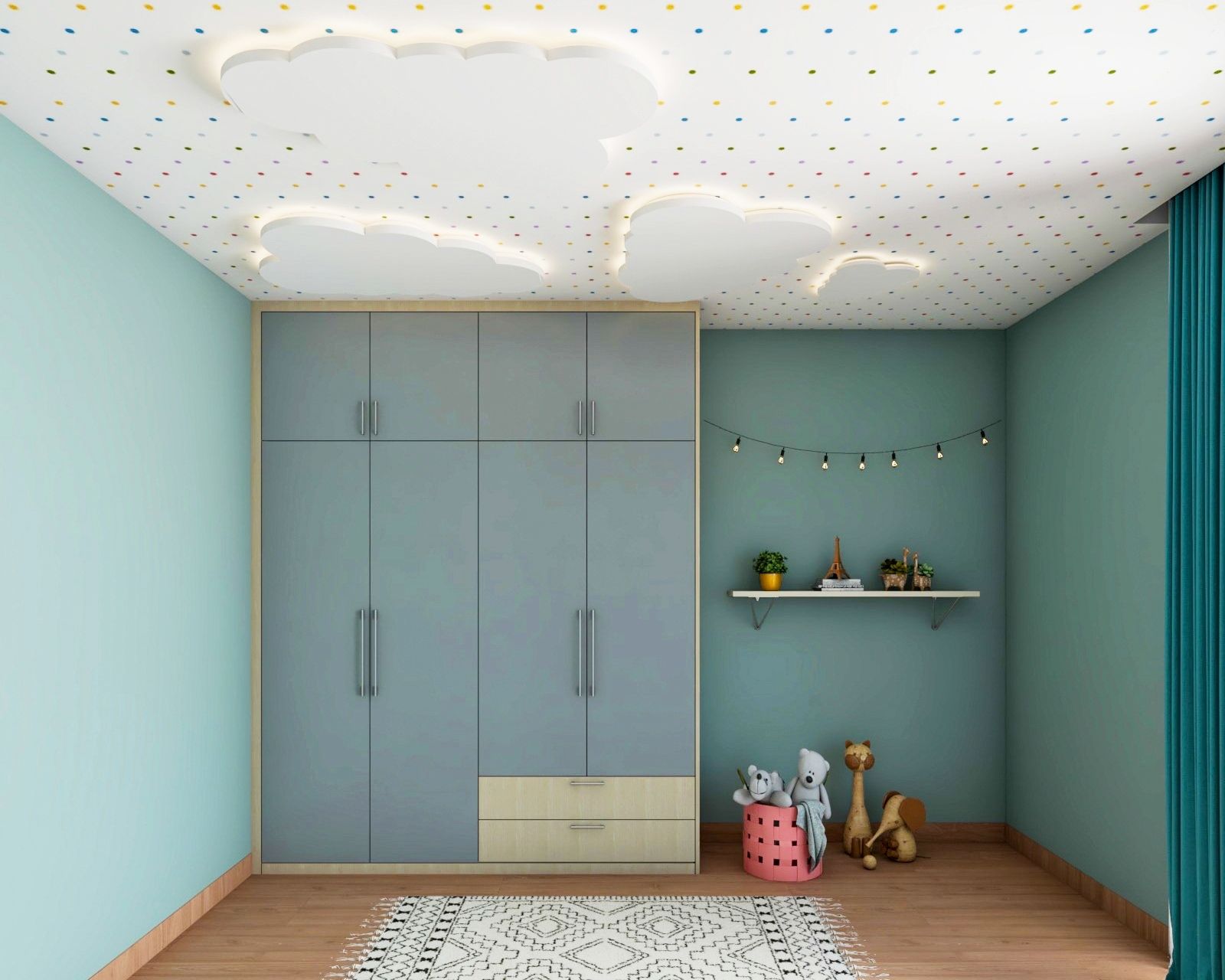 Minimalistic White Cloud Shaped POP Bedroom Ceiling Design With Polka Dots