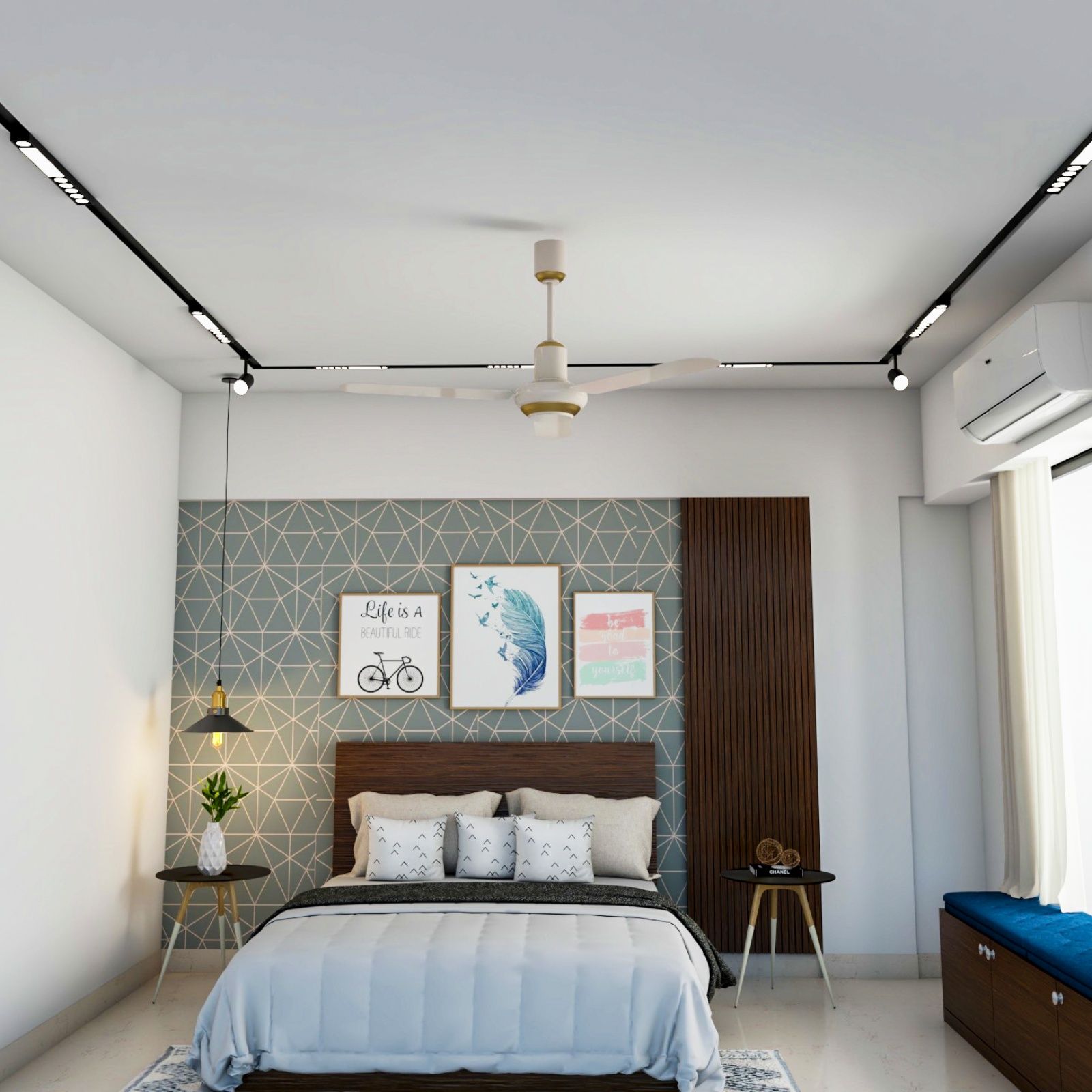 Contemporary Single-Layered Bedroom Ceiling Design With Console Track Lights