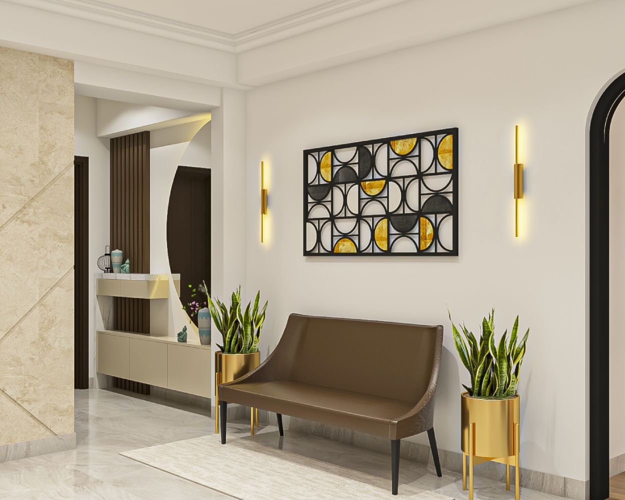 Modern Brown And Beige Foyer Design With Wall-Mounted Storage Unit