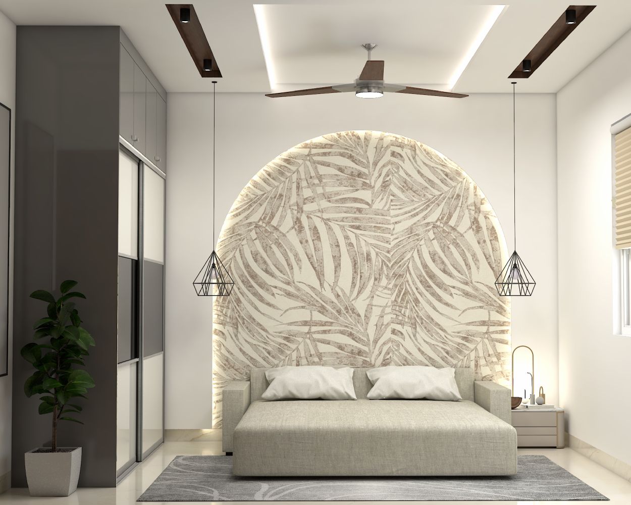 Modern Beige And Grey Guest Room Design With Arched Printed Wallpaper