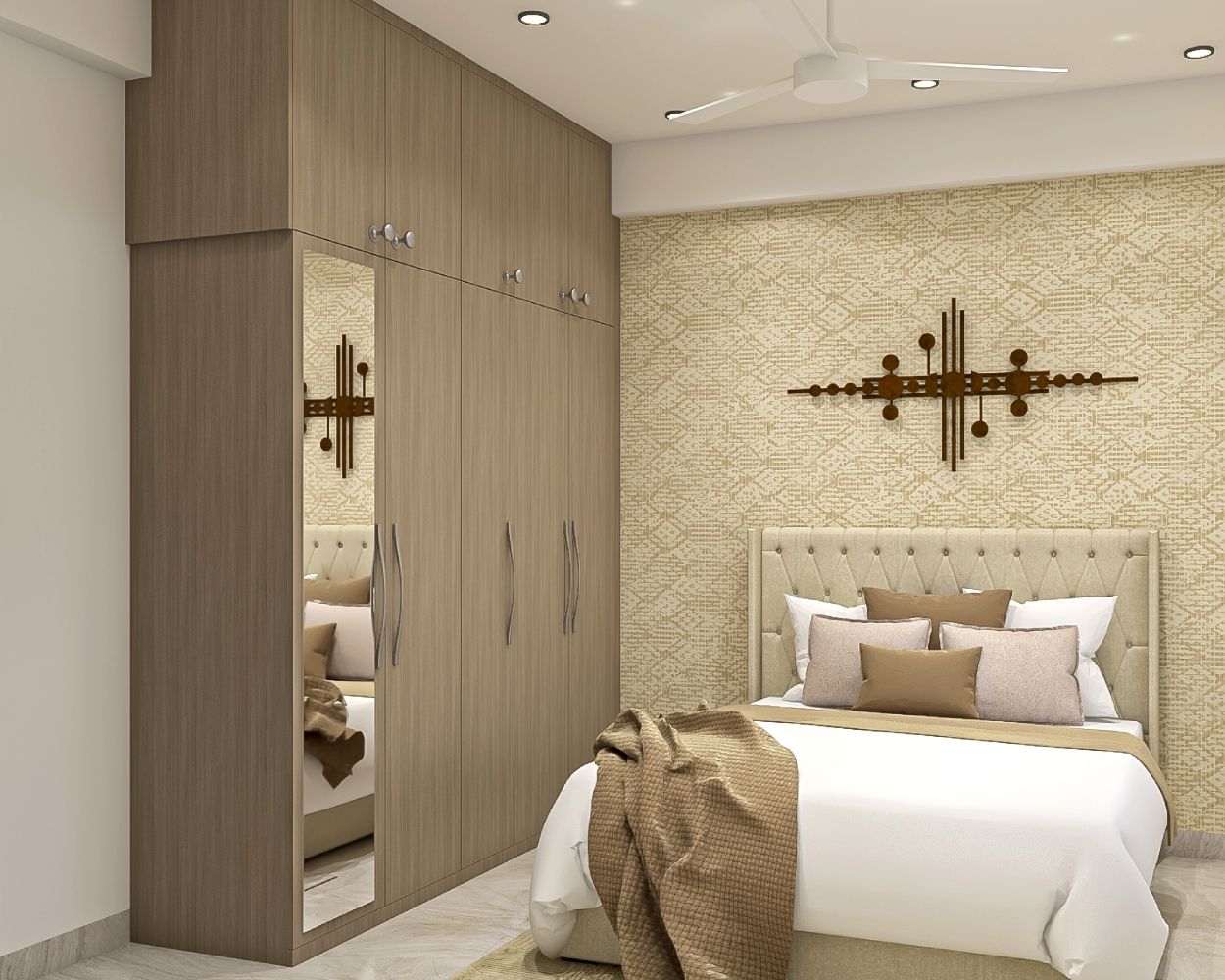 Contemporary Beige-Toned Guest Bedroom Design With Patterned Wallpaper