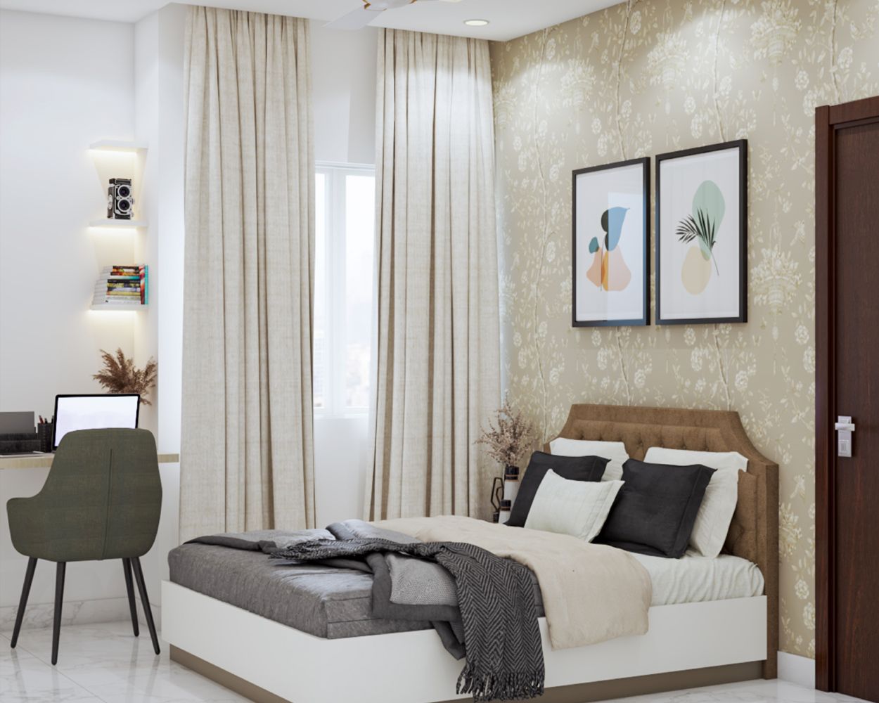 Modern Guest Bedroom Design With Beige Floral Wallpaper