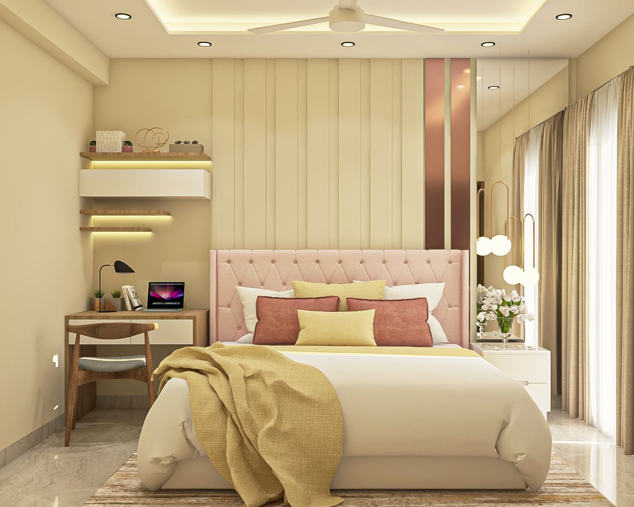 Contemporary Beige And Pink Guest Room Design With Striped Wall Panel