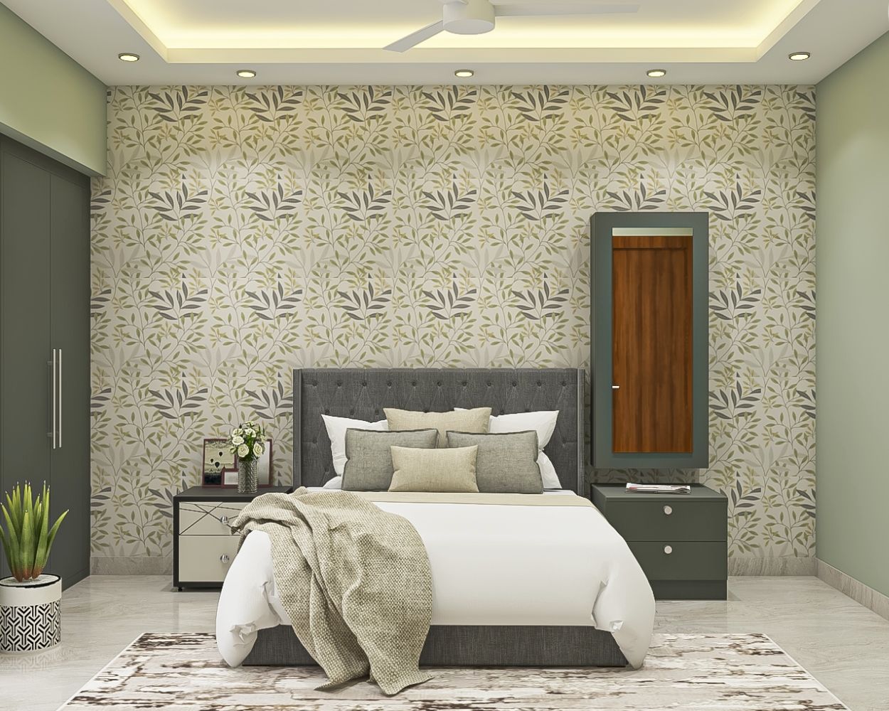 Contemporary Guest Room Design With Beige Tropical-Themed Wallpaper