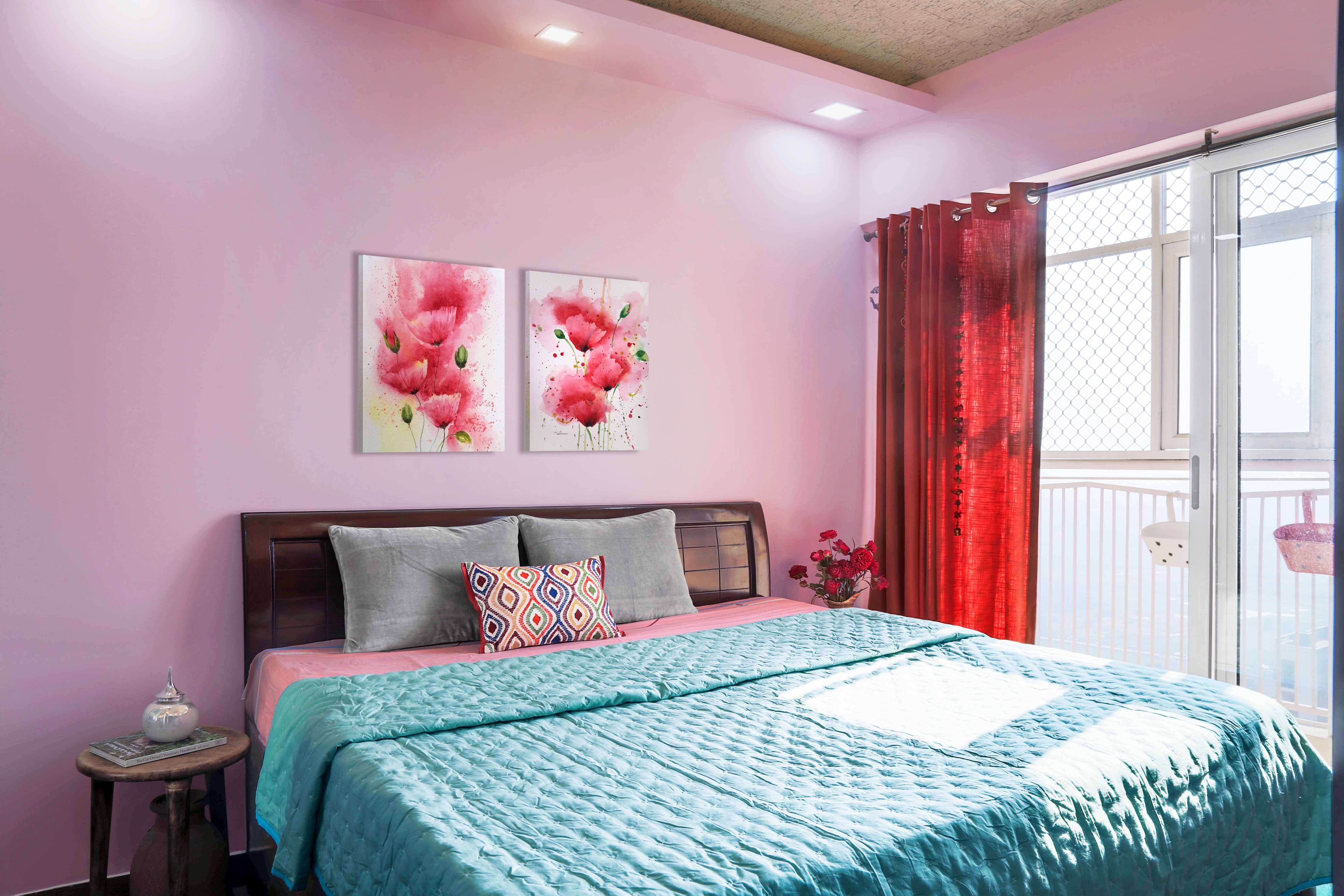 Contemporary Pink Guest Room Design With Wooden Queen-Sized Bed