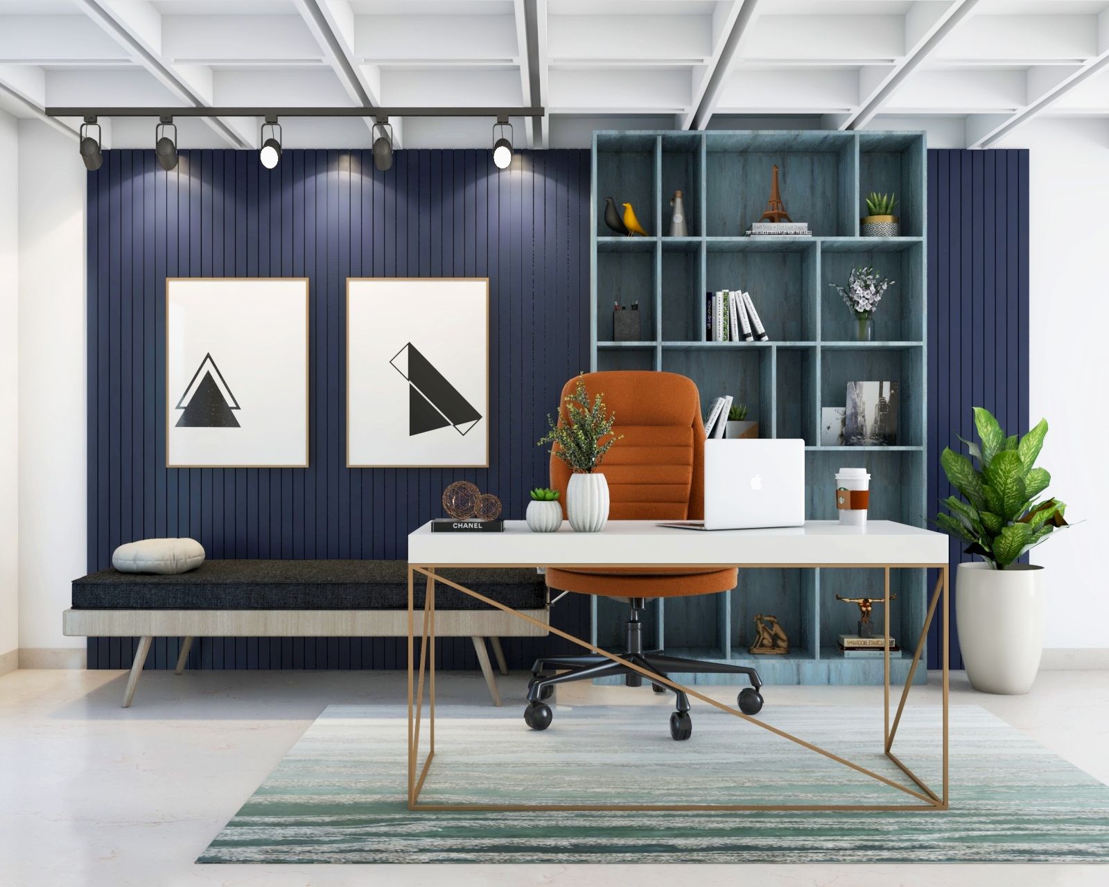 Contemporary Home Office Design With White And Gold Table And Blue Panelled Wall