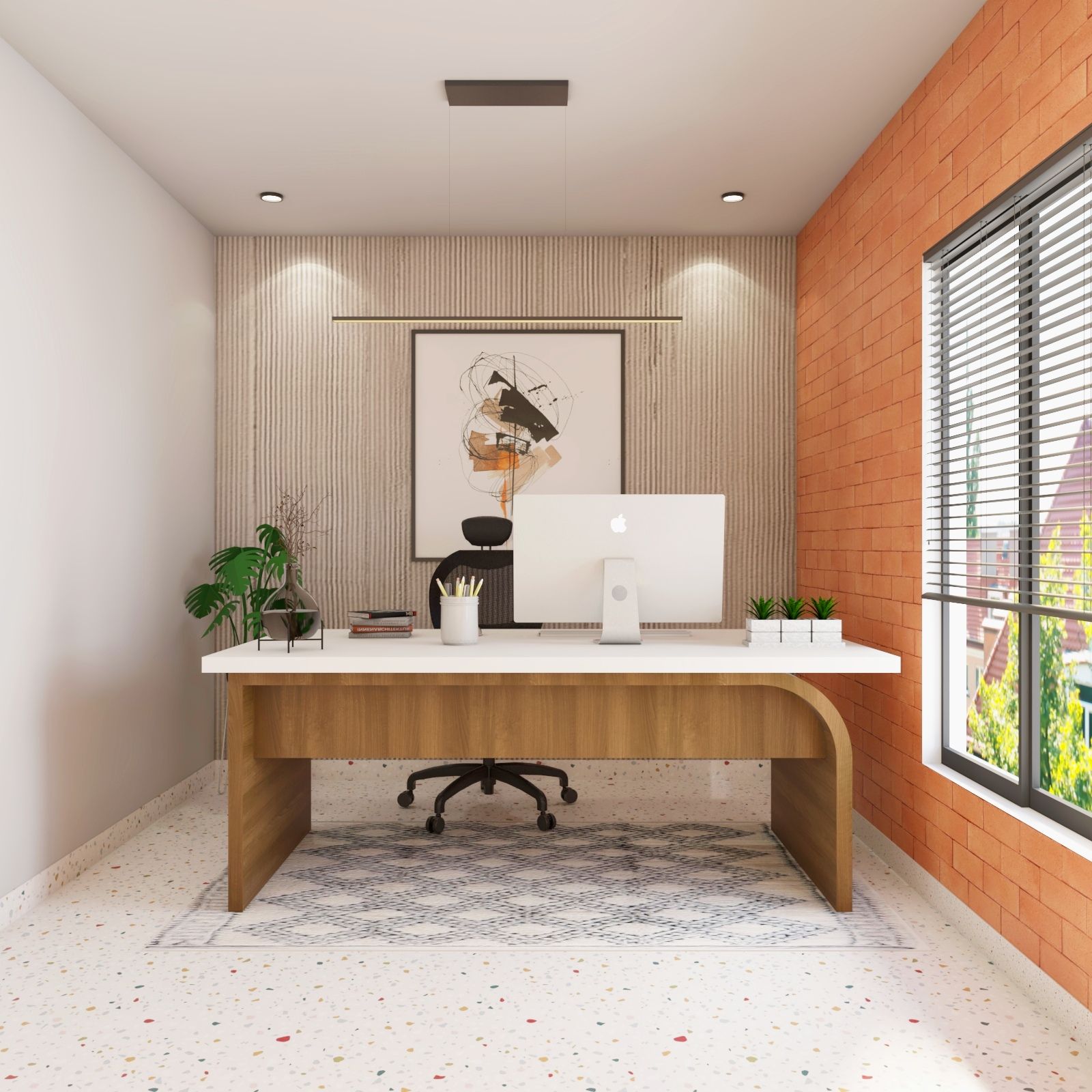 Modern Walnut Bronze Home Office Design With Red Brick Wallpaper