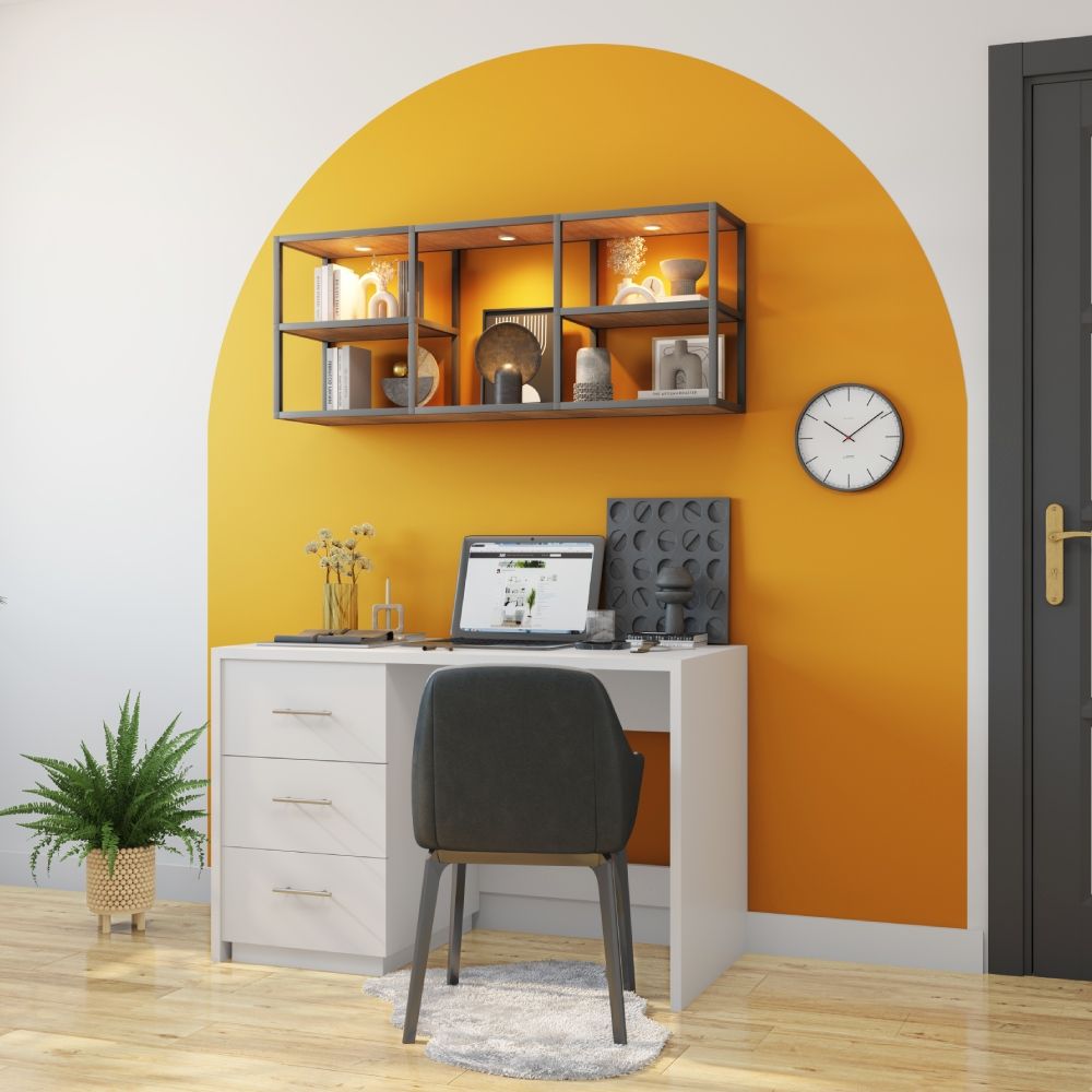 Boho Home Office Design In Grey And White With Arched Yellow Accent Wall