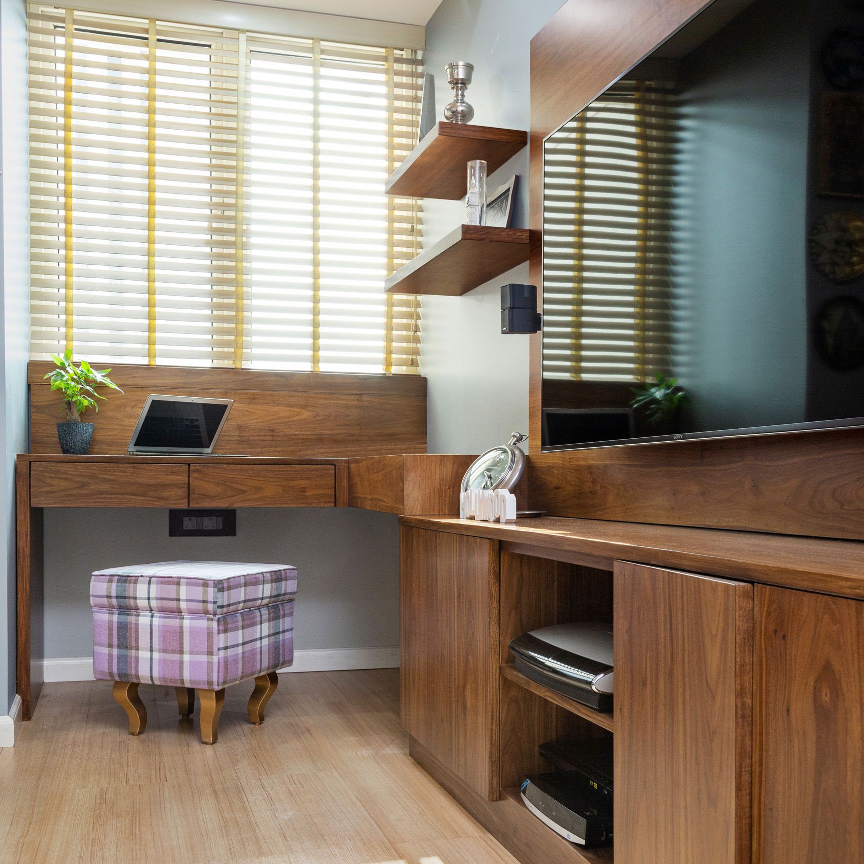 Modern Walnut Bronze Home Office Design With Overhead Open Unit