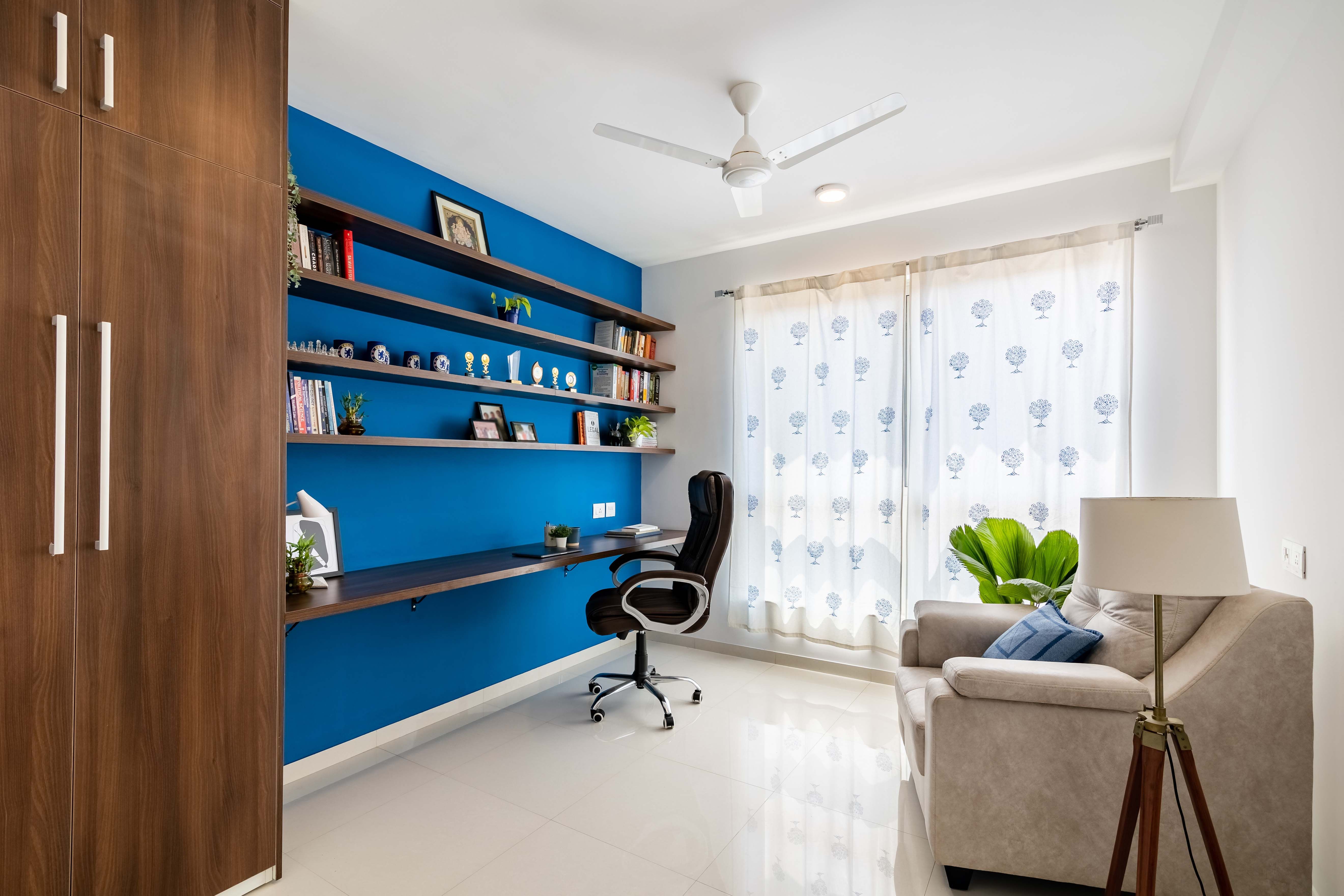 Contemporary Acacia Exodus Home Office Design With Blue Accent Wall