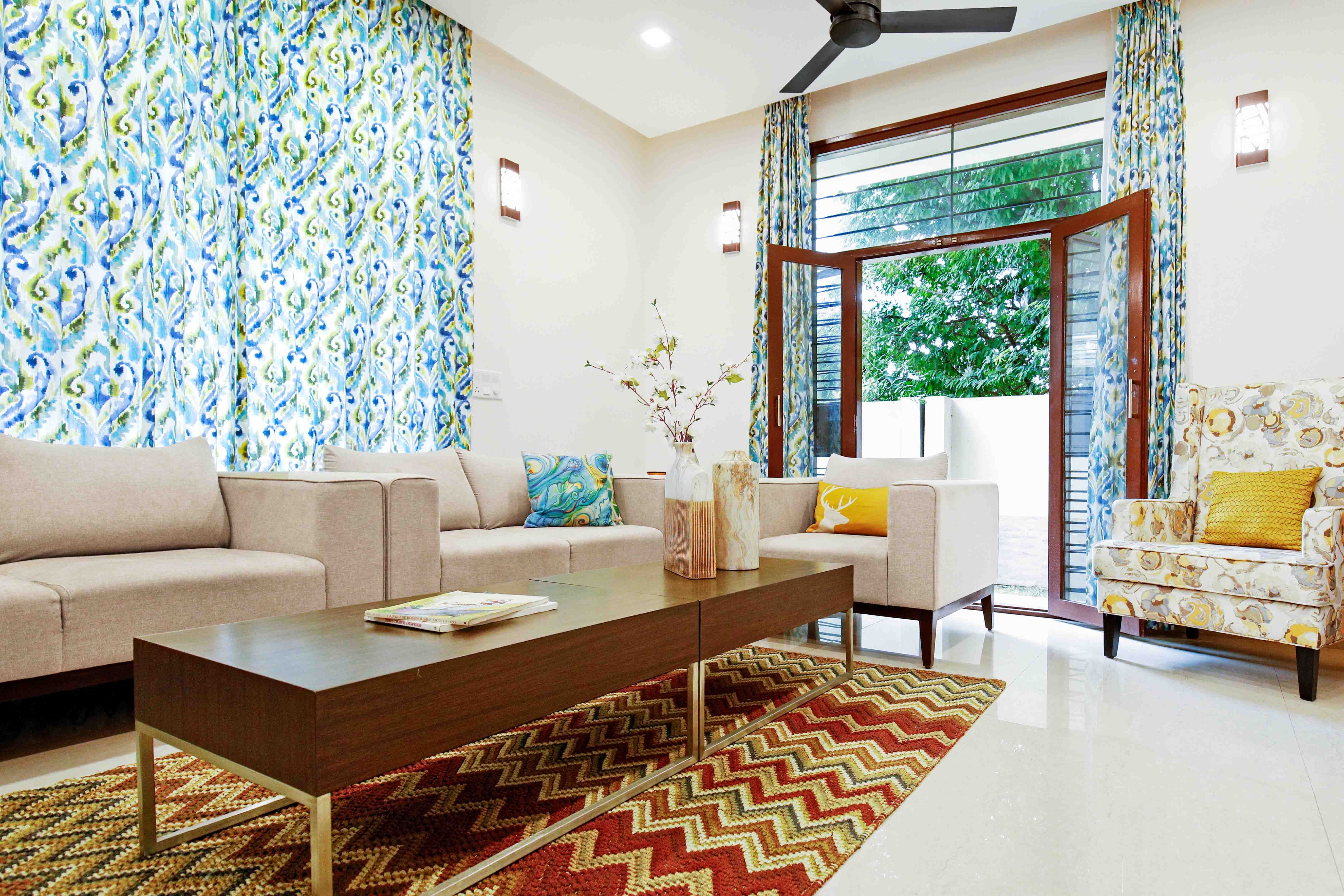 Contemporary 3-BHK Flat In Bangalore With Yellow And Beige Guest Room