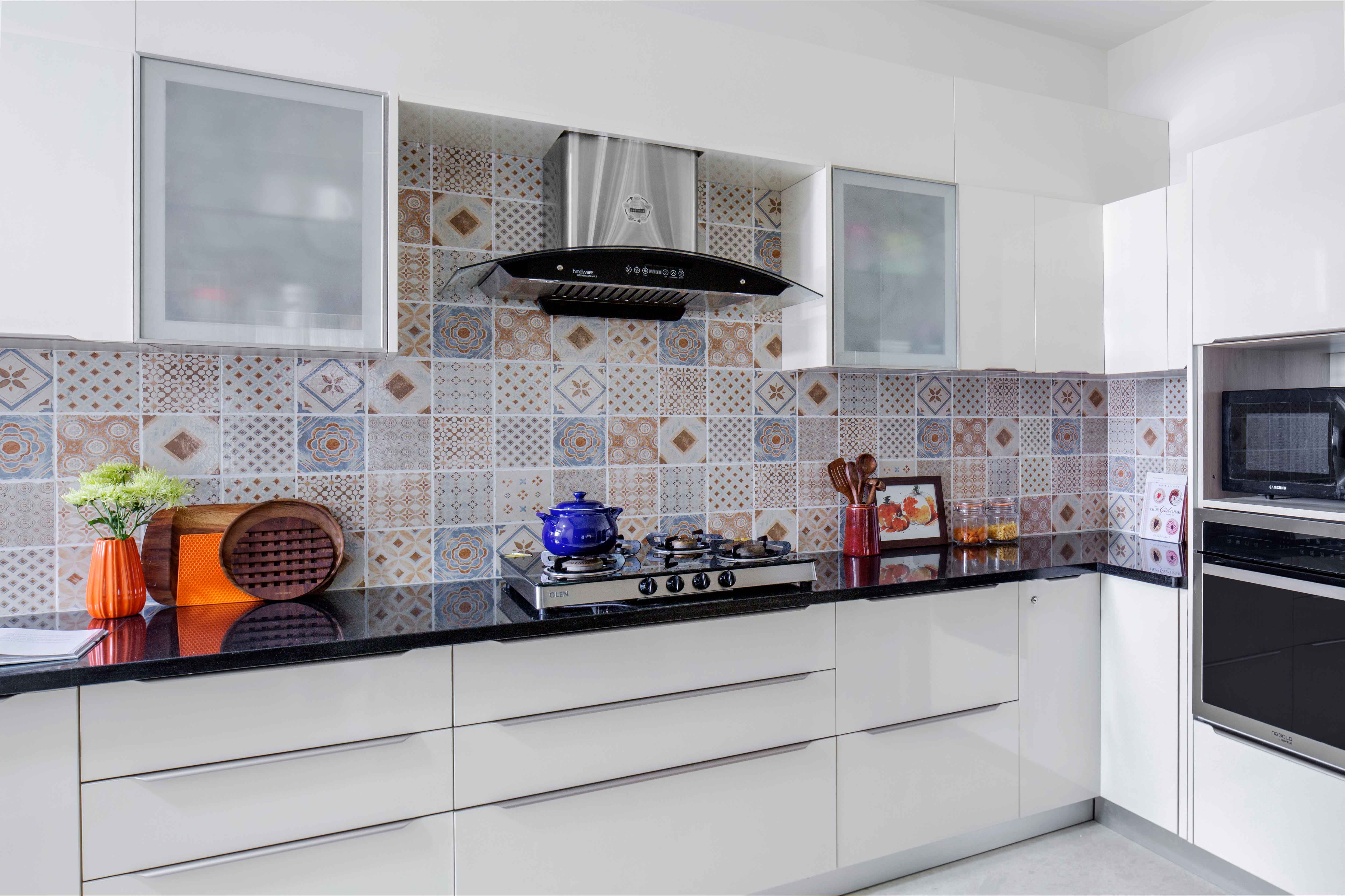 Classic 2-BHK Flat In Bangalore With White L-Shaped Kitchen Design