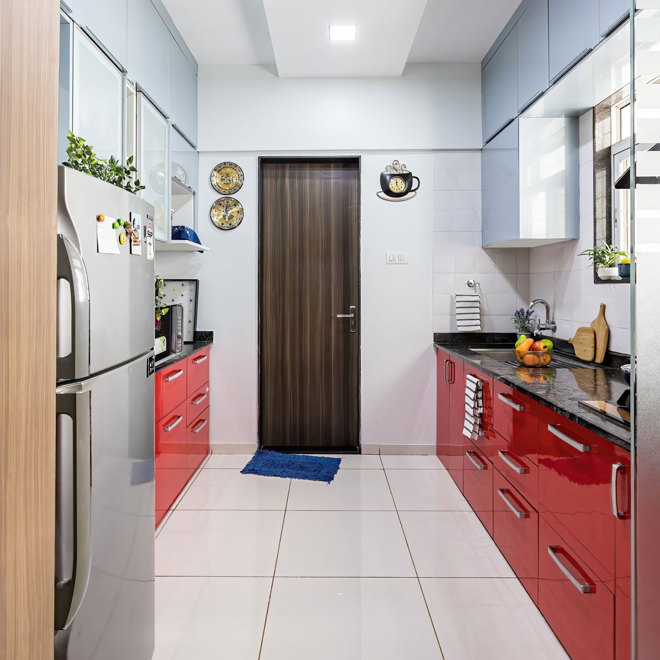 Modern L-Shape Kitchen Design with Cardinal Red Base Unit