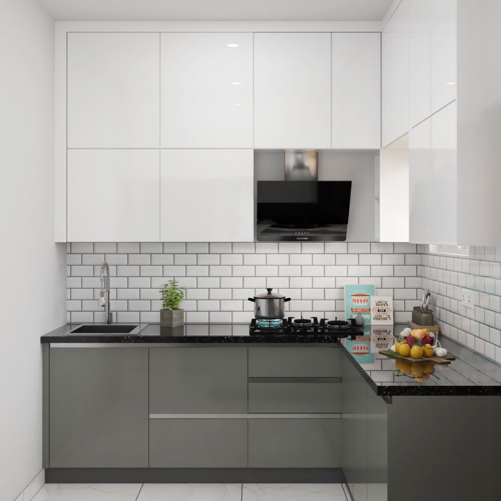 Modern L-Shape Modular Kitche Design With Dove Grey And Frosty White Cabinets