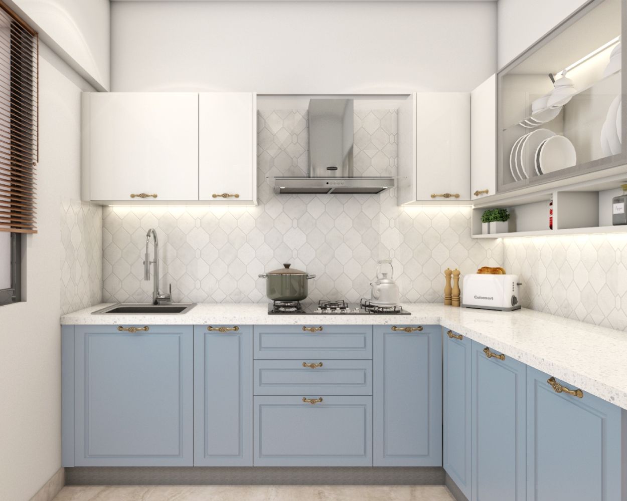Modern L-Shape Modular Kitchen Design In Light Blue And Frosty White