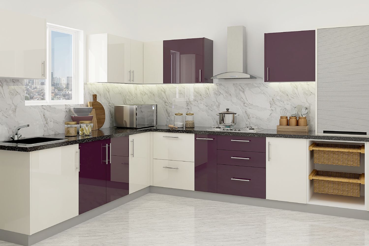 Modern Berry-Toned And White L-Shaped Modular Kitchen Design