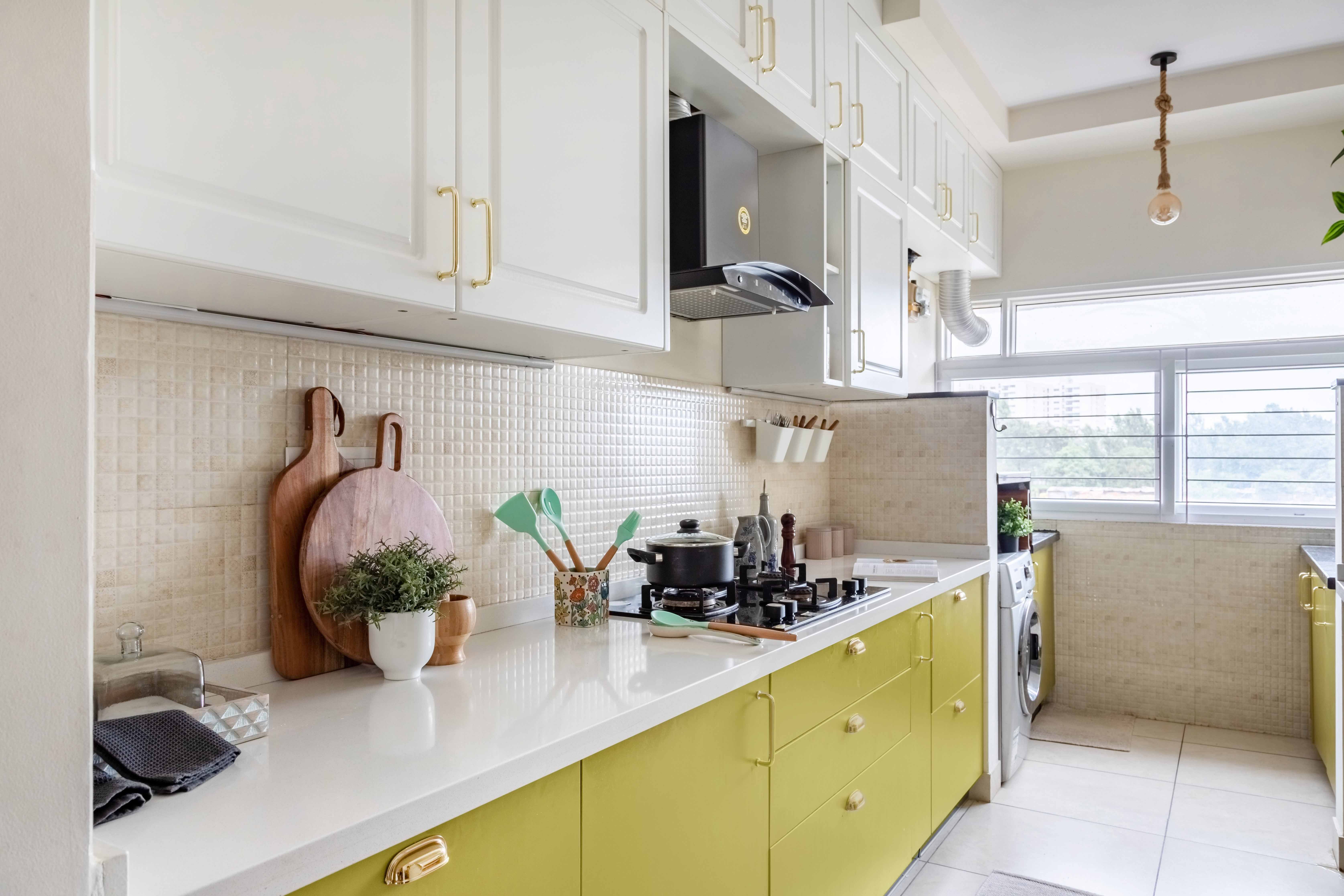 Modern Parallel Kitchen Design with Sunflower Yellow and Margherita Cabinets
