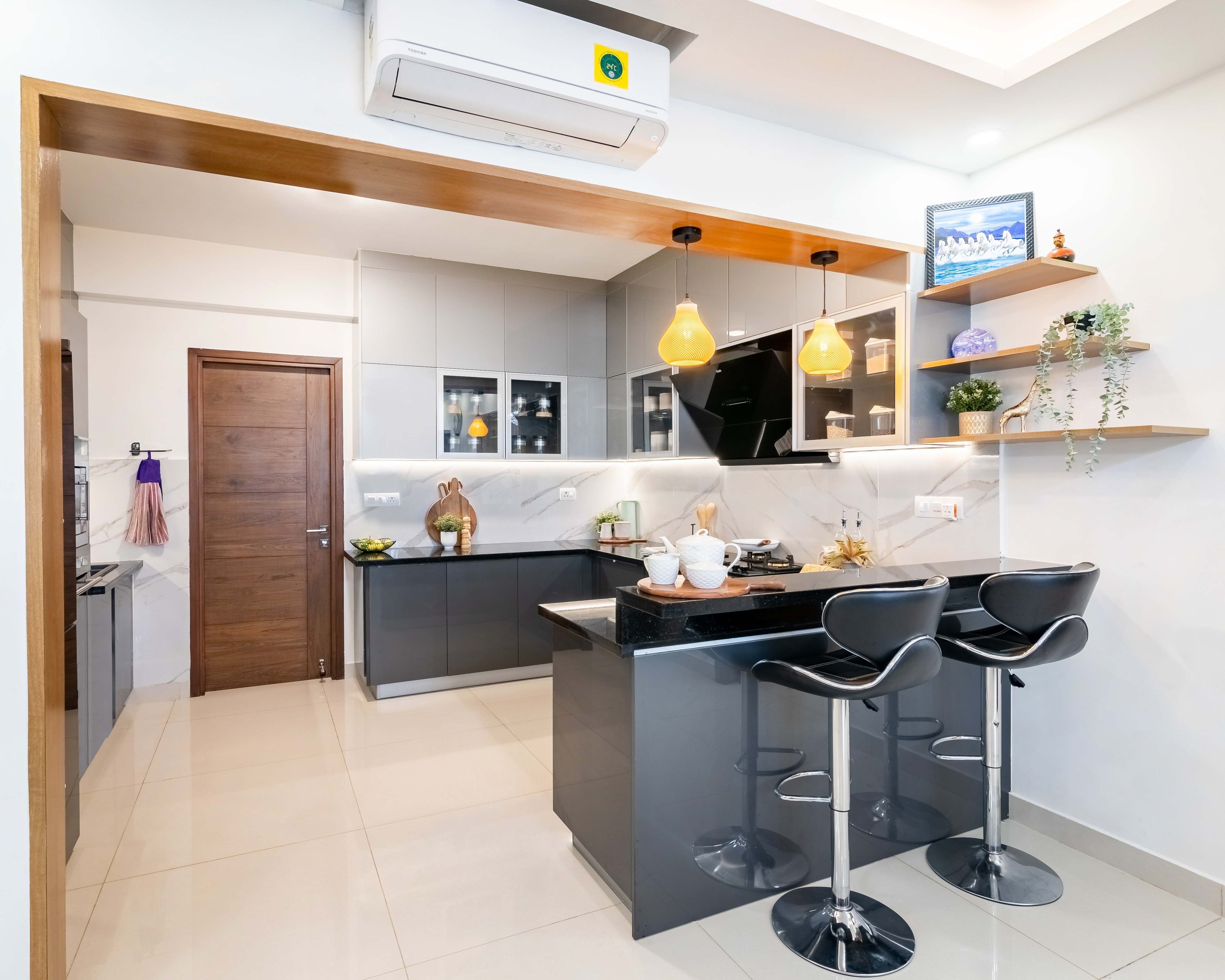 Contemporary U-Shaped Kitchen Design with Dove Grey and Dazzling Silver Cabinets