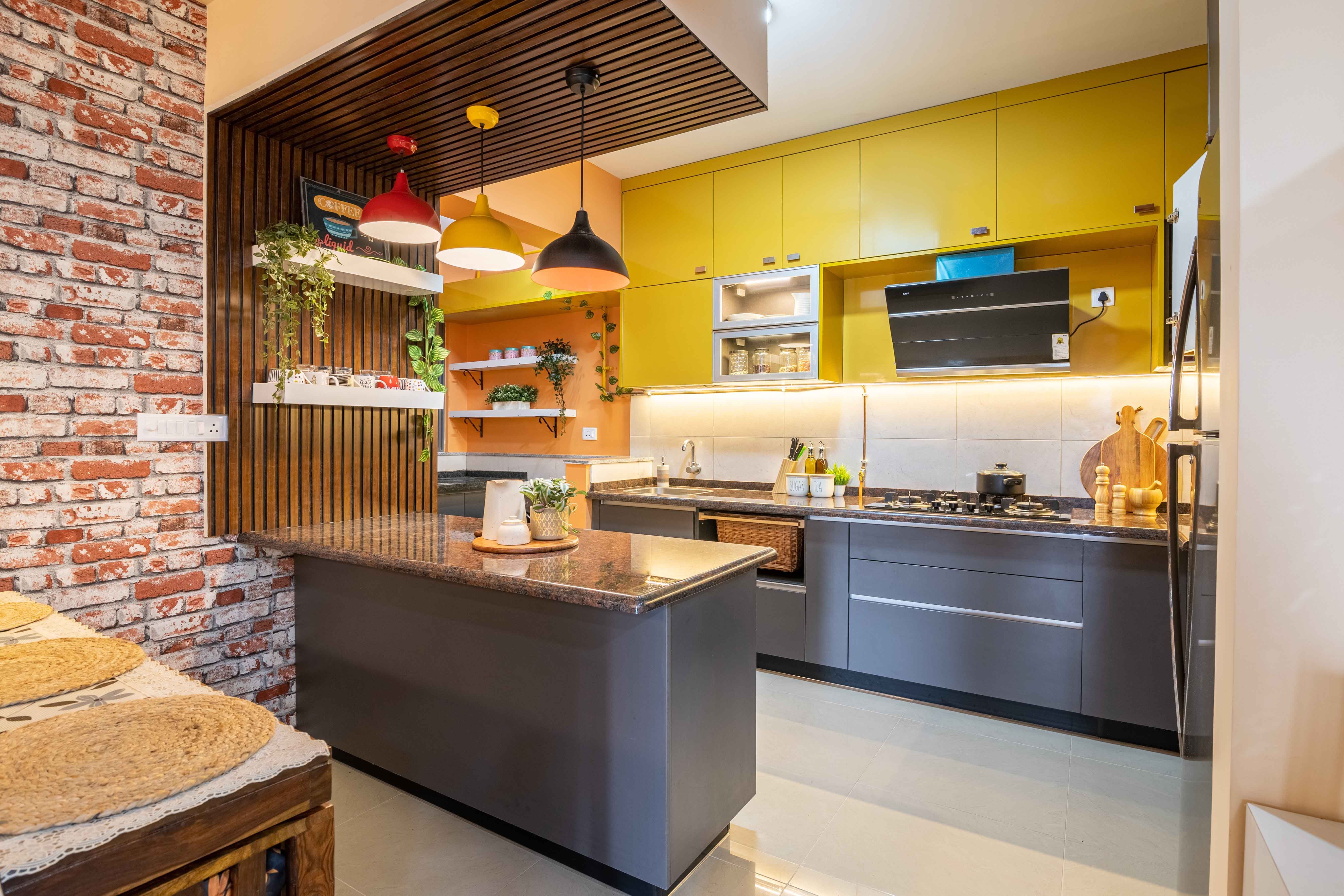 Modern Open Kitchen Design with River Stone and Marrigold Yellow Cabinets