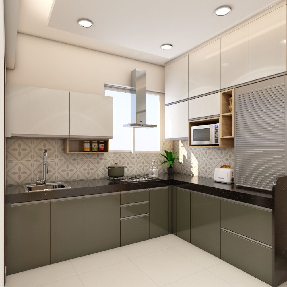 Modern Green And White L Shape Kitchen Design