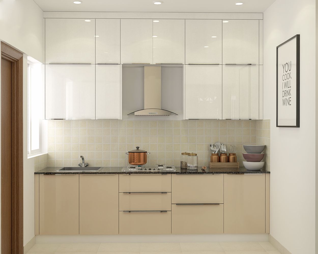 Contemporary Modular Beige And Frosty White Parallel Kitchen Design