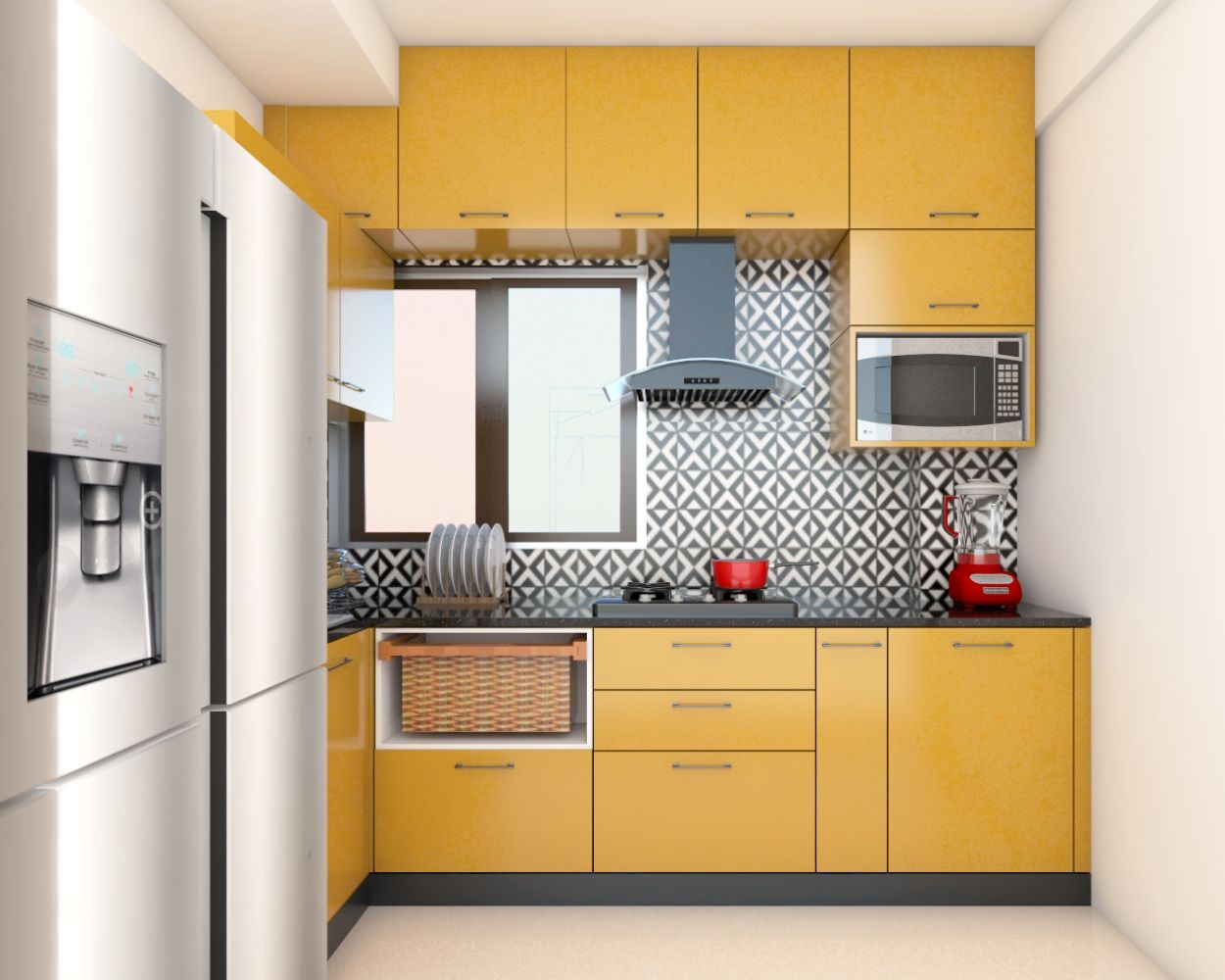 Modern L-Shaped Modular Peak Yellow Kitchen Design With Suede Finish