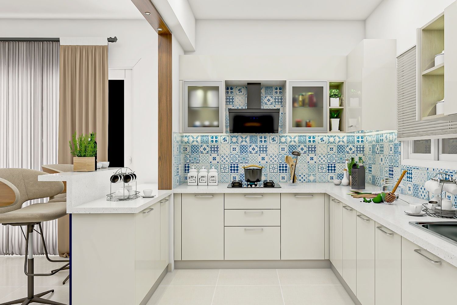 Contemporary Open Modular Frosty White Kitchen Design with High Gloss Finish