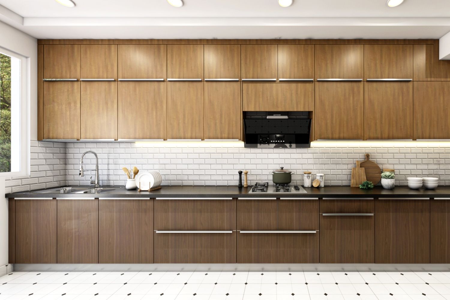 Industrial Modular Parallel Kitchen Design with Walnut and Teak Accents