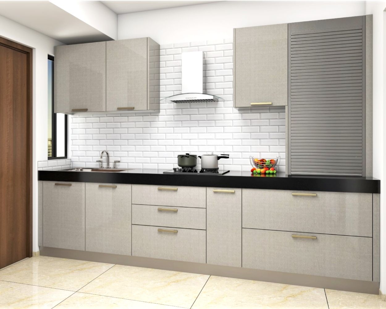 Modern Parallel Modular Kitchen Design with Ethnic Denim Splash Cabinets